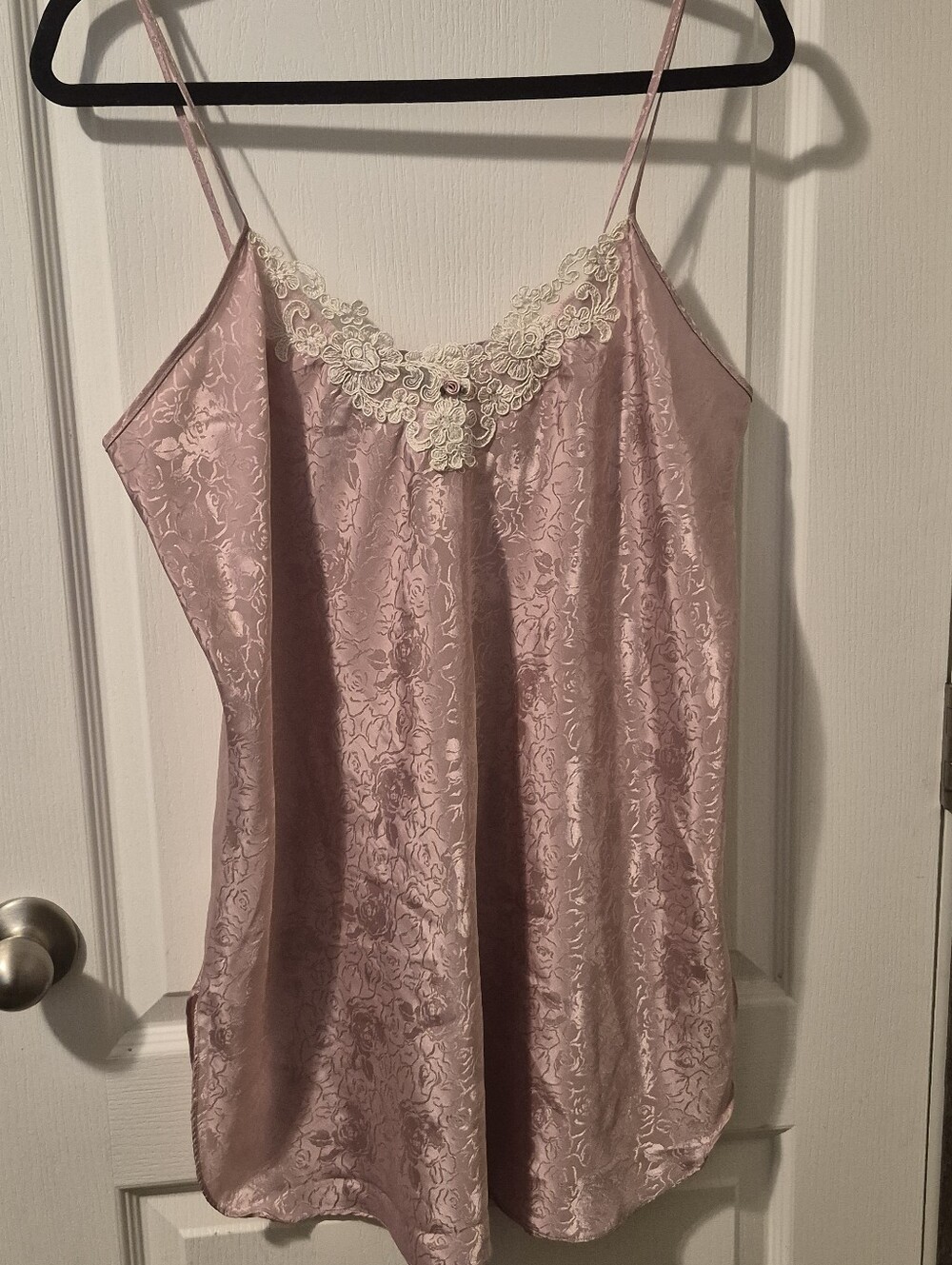 Vintage California Miss Satin Nightie Rose Jacquard Lace Trim Floral Accent Lg